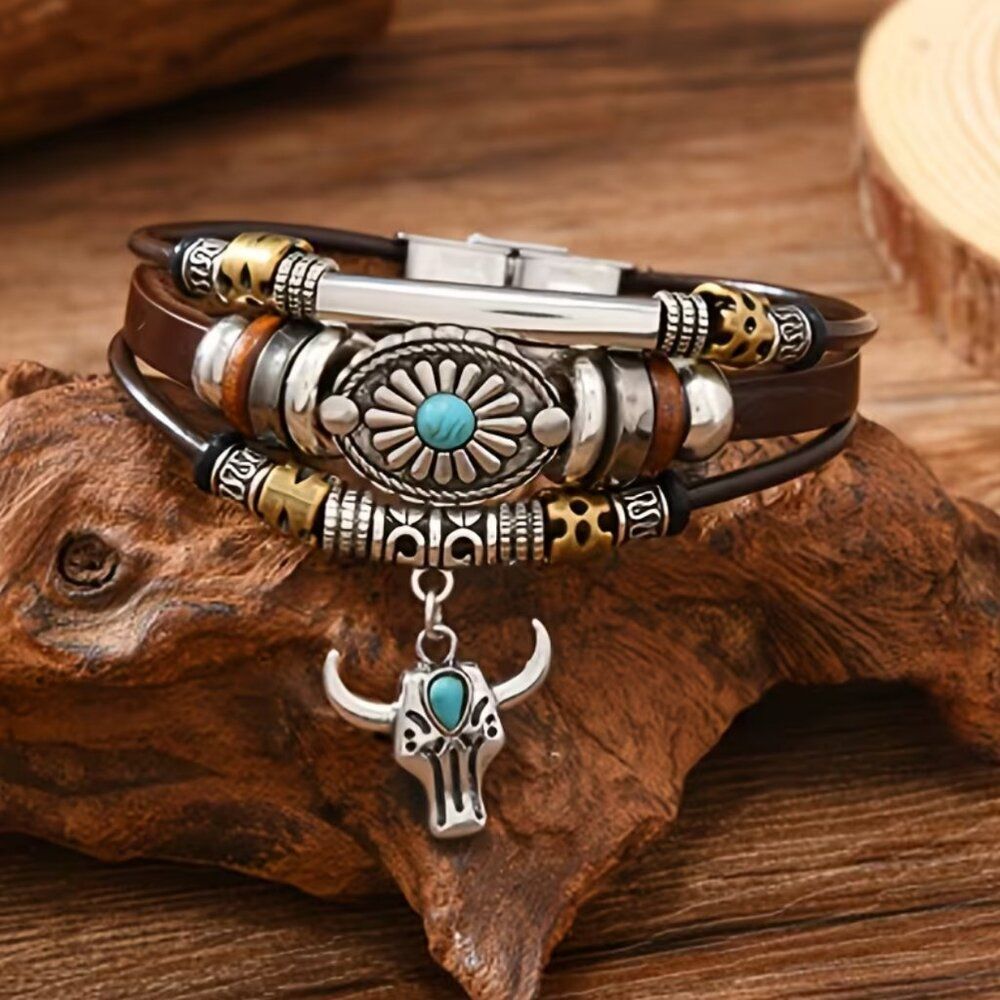 NWT Western Bull Skull Bracelet  Multi Strand Vegan Leather Faux Turquoise